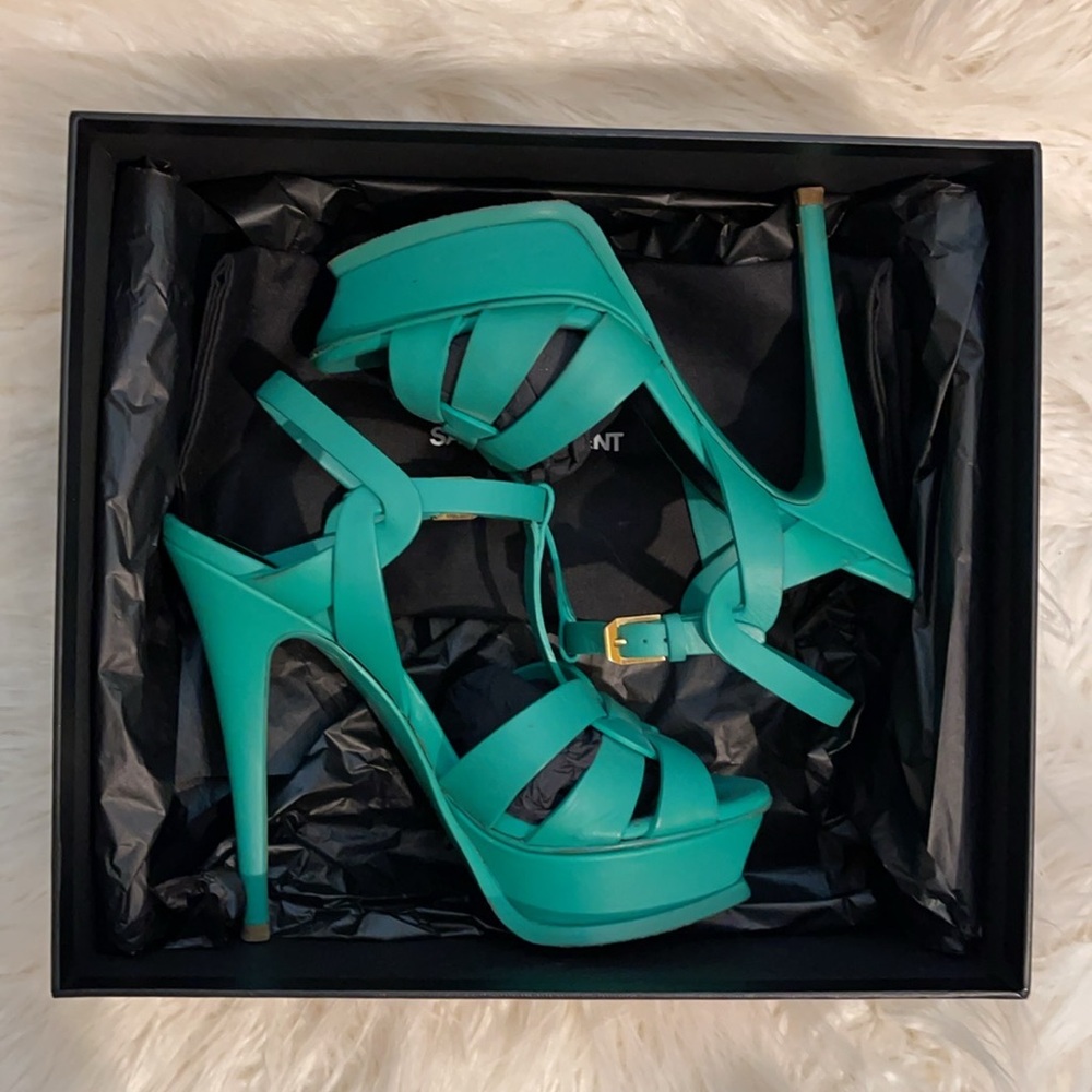 YSL Saint Laurent Emerald Green Tribute Platform Sandals Size 36